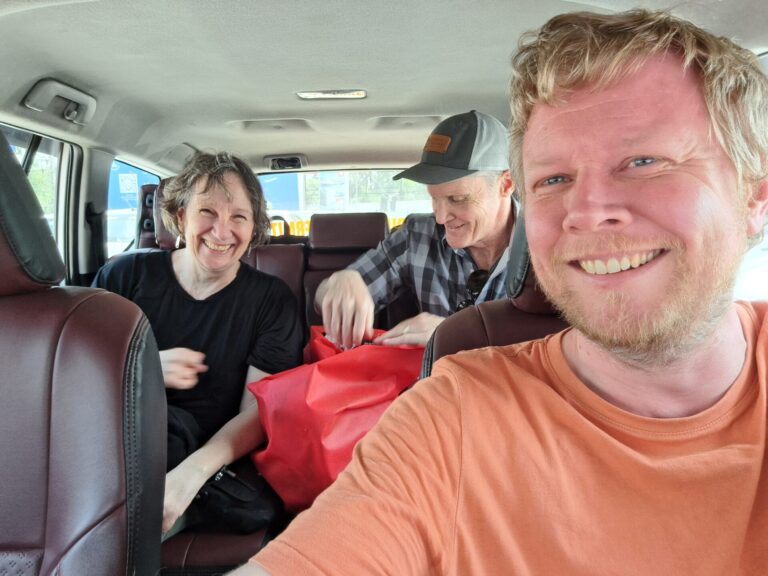 Sandy with Mark Foley and Tom Blackwell, leaving Guwahati bound for Jhamtse Gatsal Children's Community.